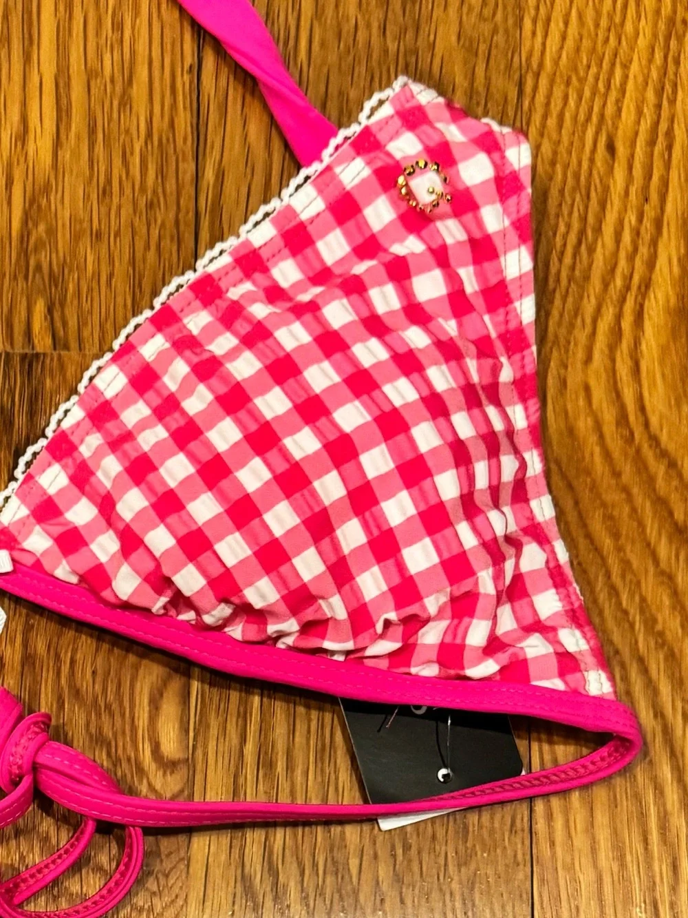 Guess Retro Pink White Gingham Lace Strappy Halter Bikini Top Bottom Swim Set XS - Picture 3 of 4